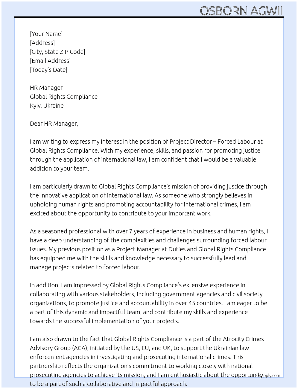 Project Director – Forced Labour - Remote At Global Rights Compliance Cover Letter