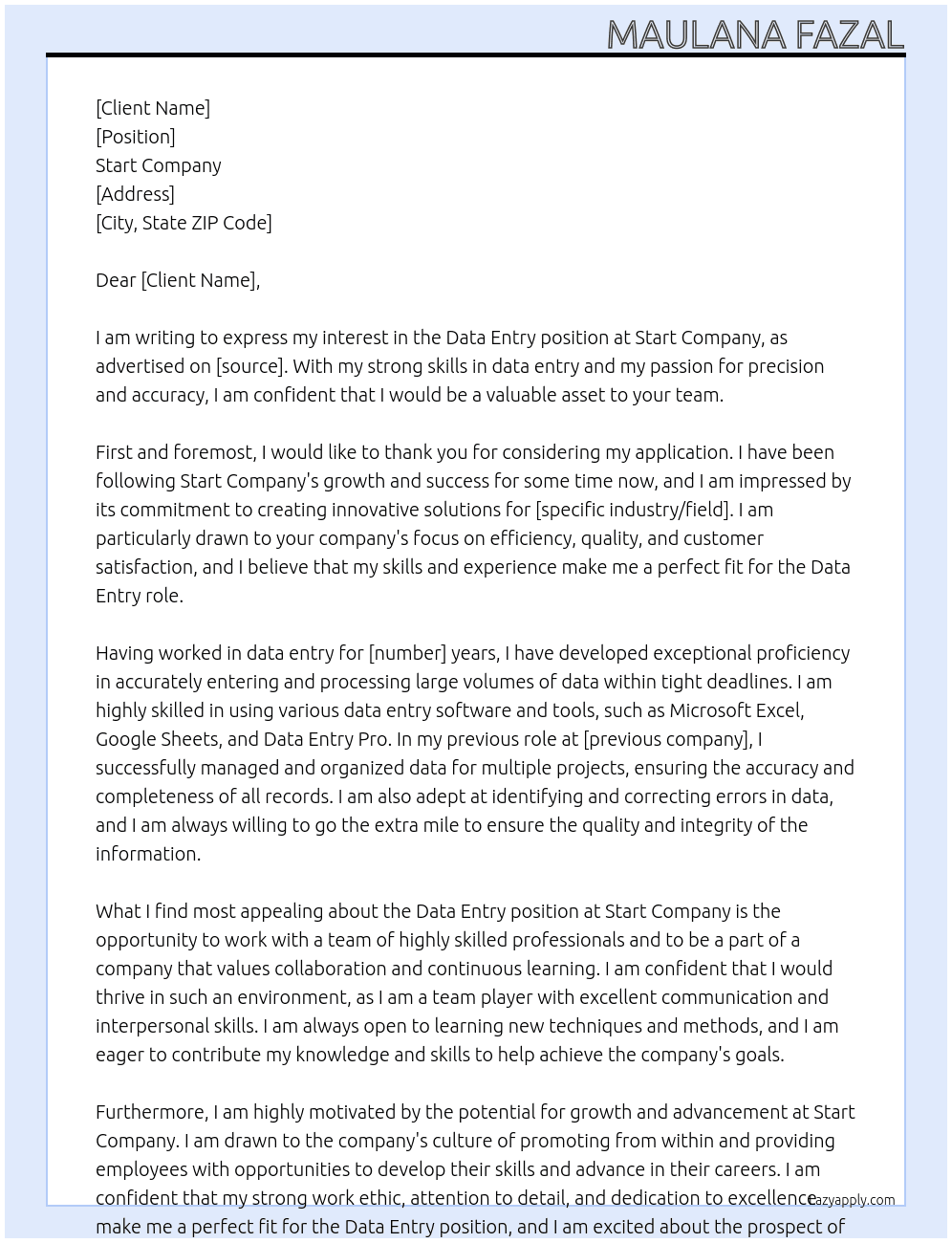 Data Entry At Start Cover Letter