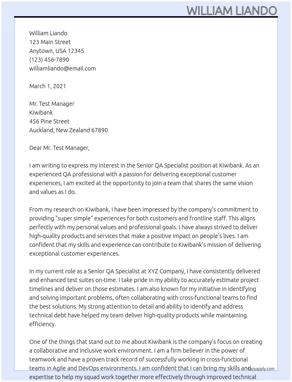 Senior QA Specialist At Kiwibank Cover Letter