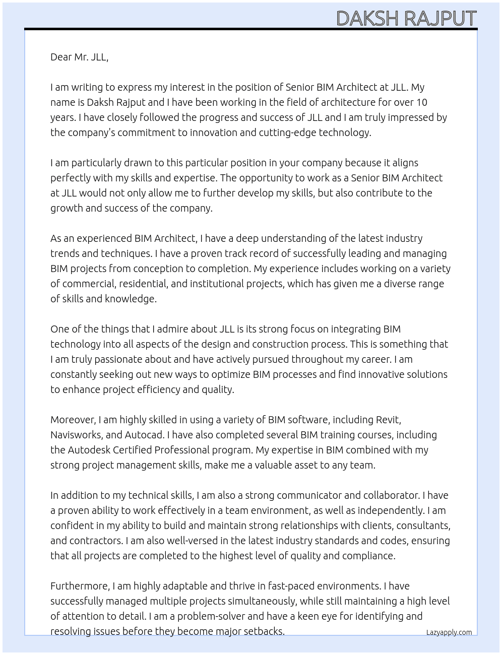 senior bim architect At JLL Cover Letter