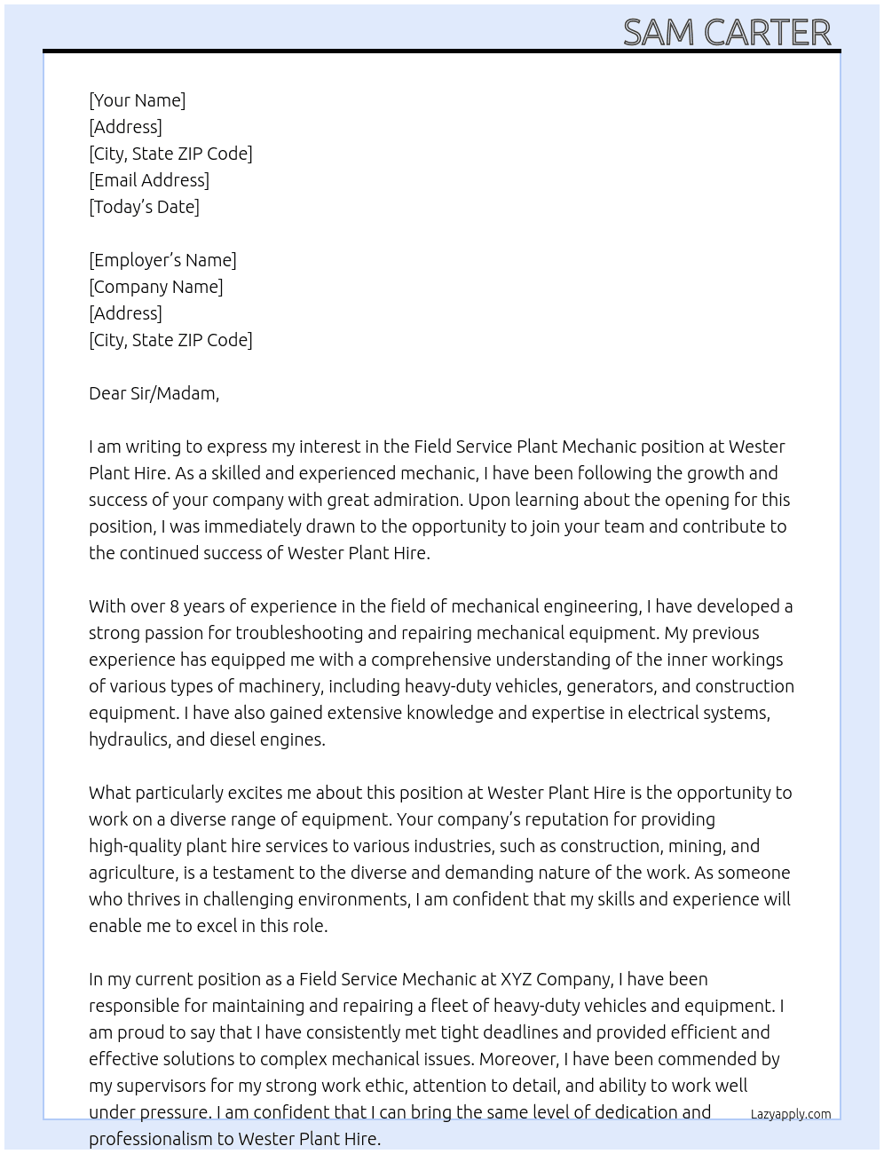 Field service plant mechanic  At Wester Plant Hire Cover Letter
