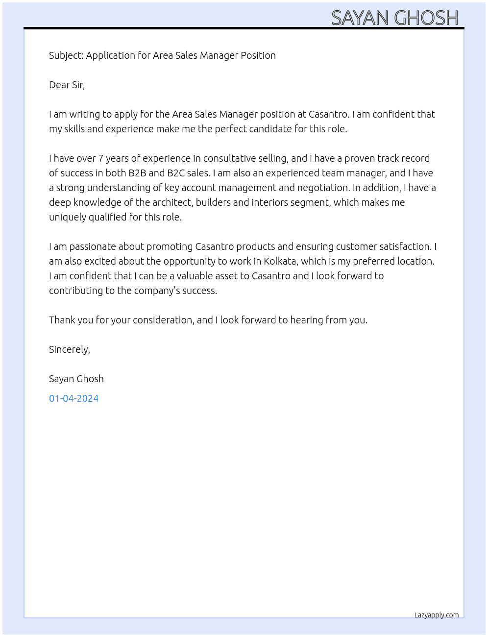 Area Sales Manager  At Casantro Cover Letter