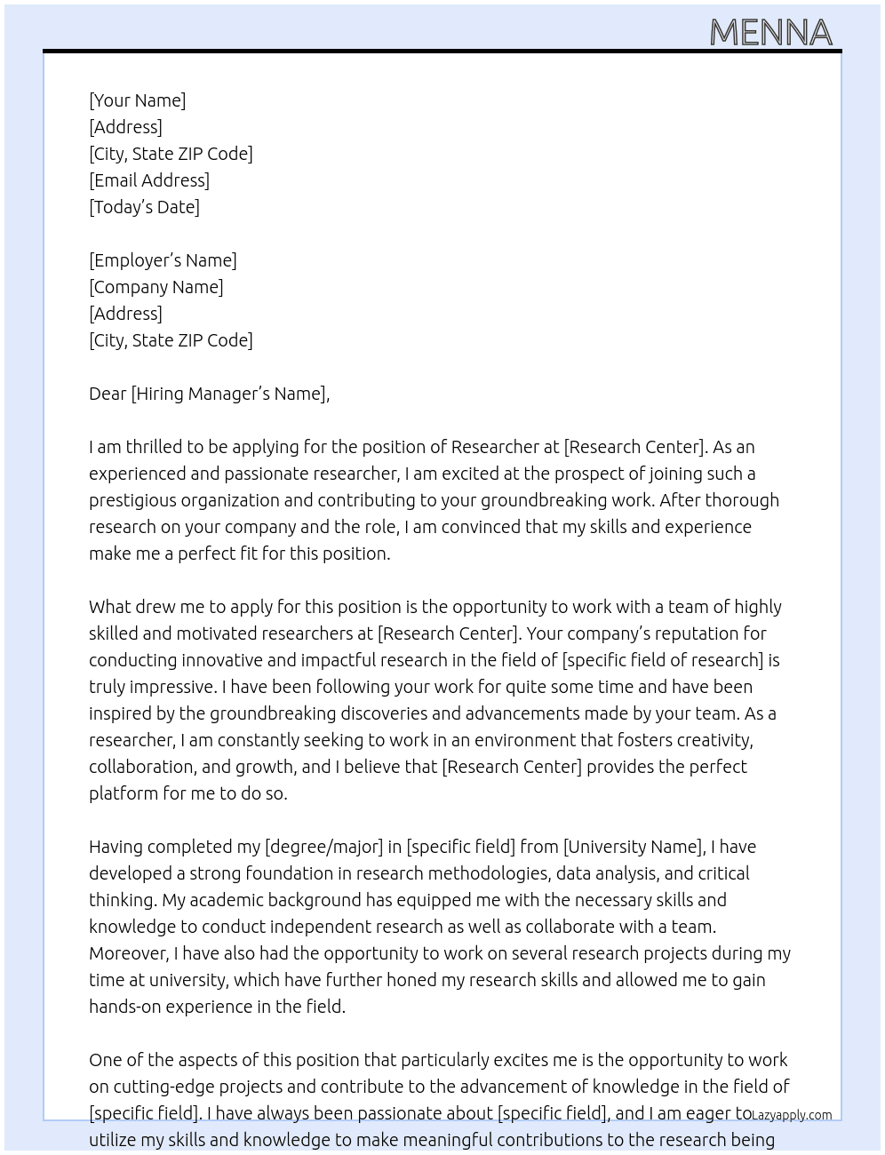 Researcher  At Research center  Cover Letter