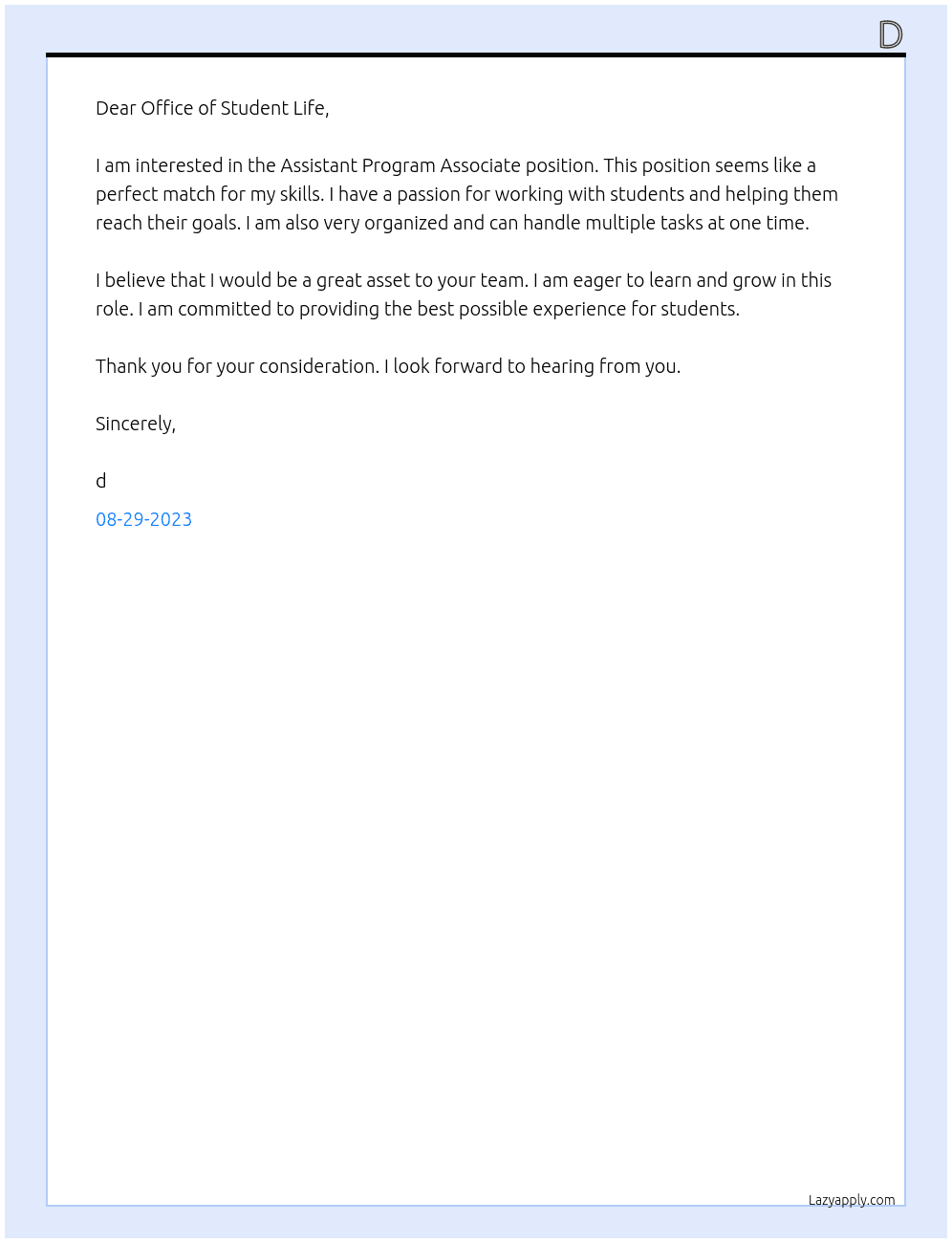 Assistant Program Associate At Office of Student Life Cover Letter