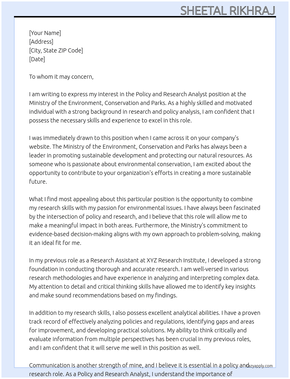 Policy and Research Analyst At Ministry of the Environment, Conservation and Parks Cover Letter
