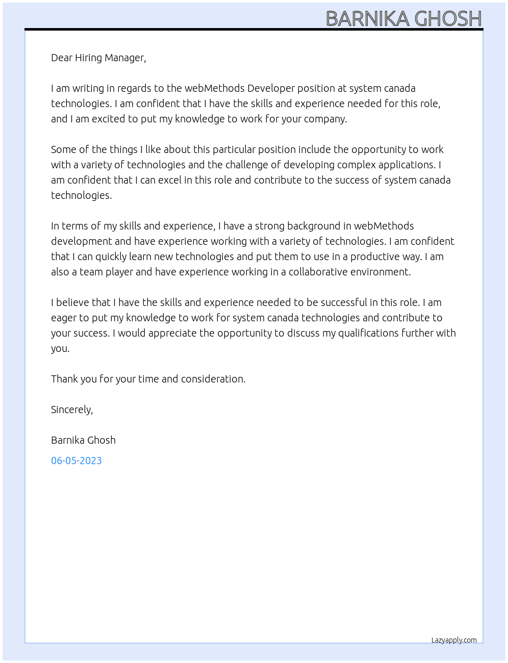WebMethods Developer At system canada technologies Cover Letter