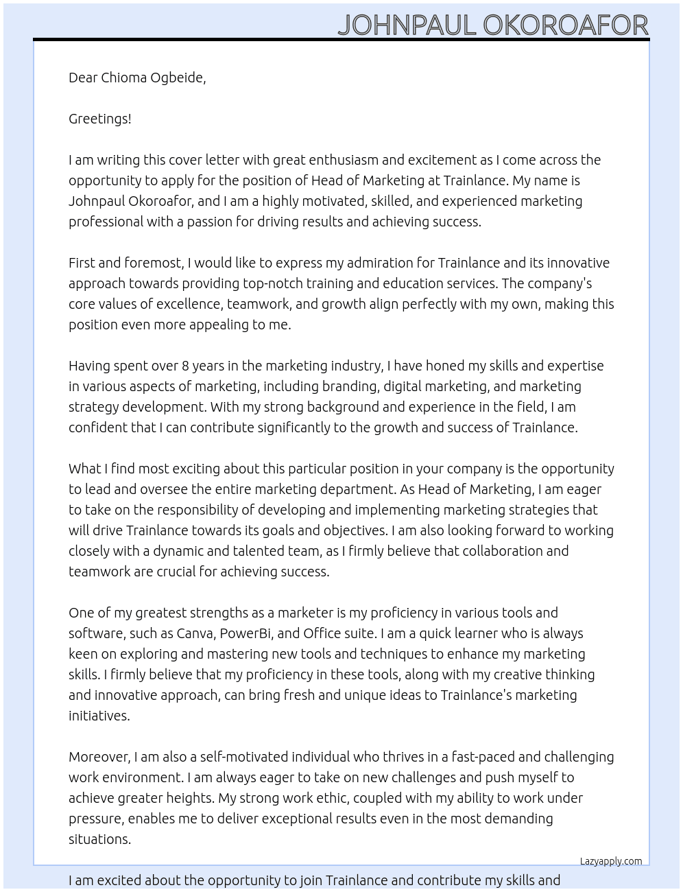 Head of Marketing At Trainlance Cover Letter