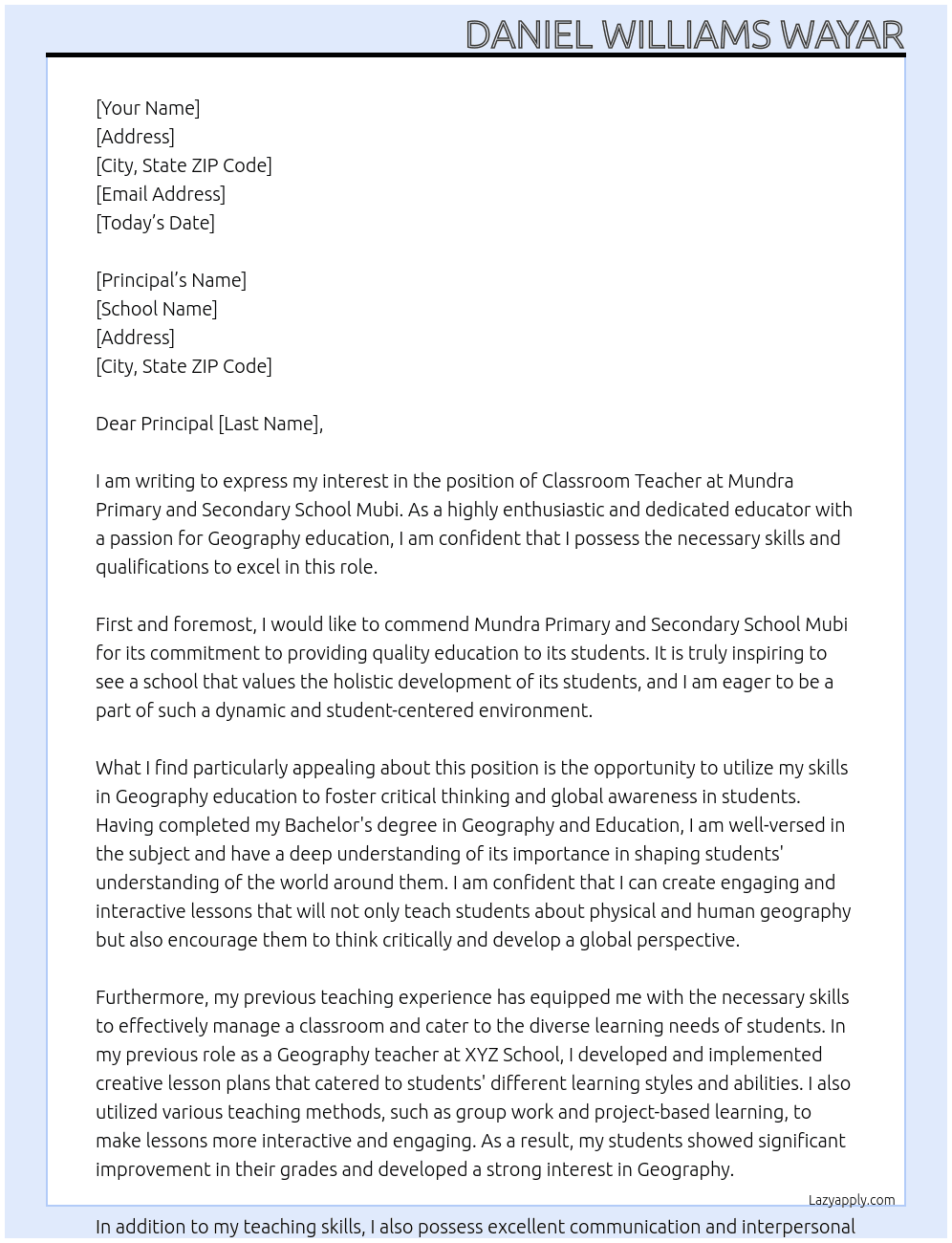 Classroom teacher At mundra primary and secondary school mubi Cover Letter