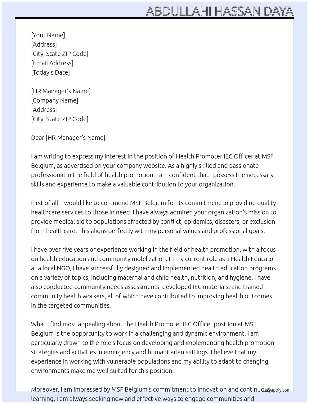 HEALTH PROMOTER IEC OFFICER At MSF Belgium  Cover Letter