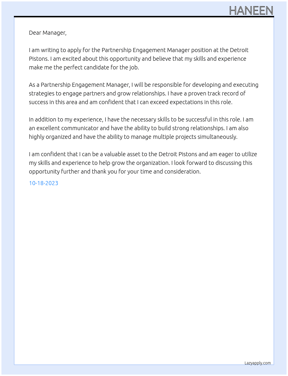 Partnership Engagement Manager At Detroit Pistons Cover Letter