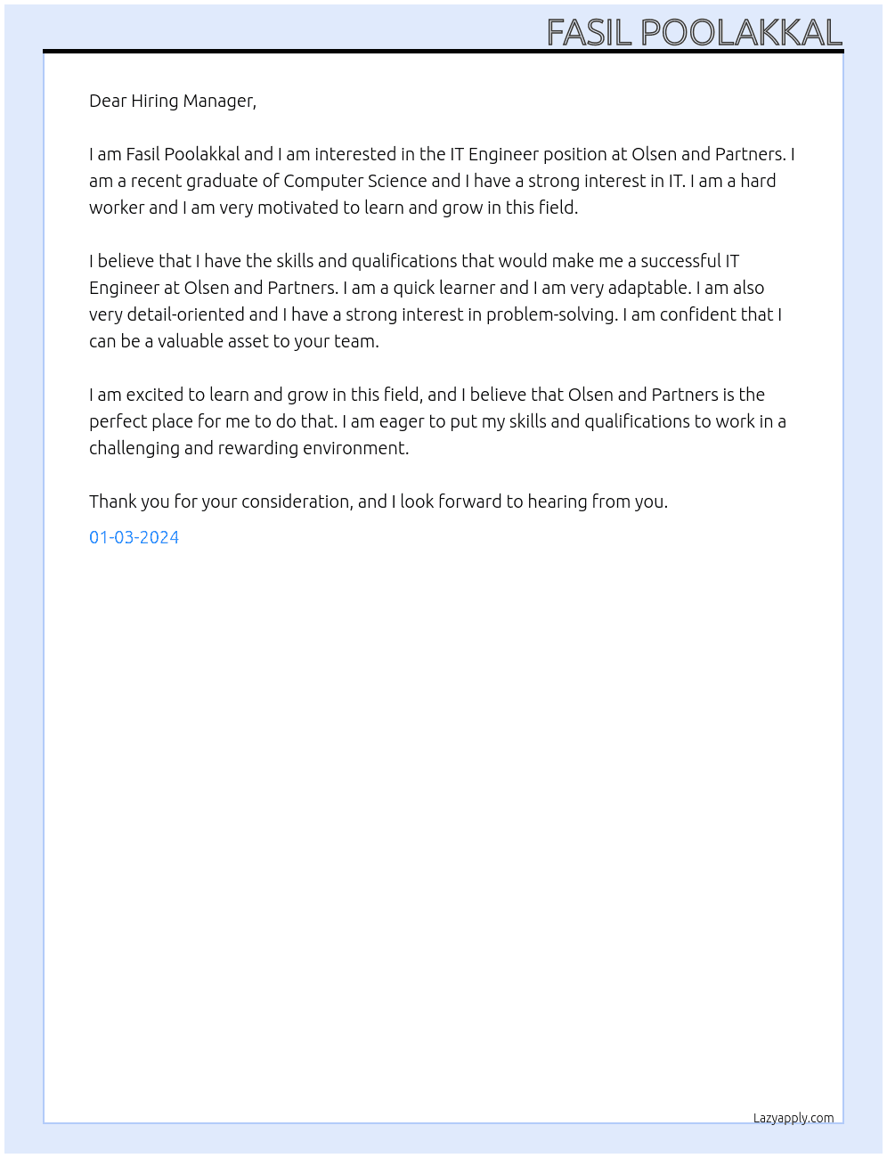 IT Engineer At OLSEN AND PARTNERS Cover Letter