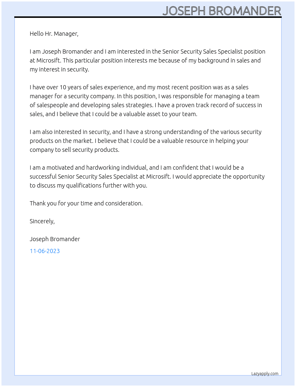Senior Security Sales Specialist At Microsift Cover Letter