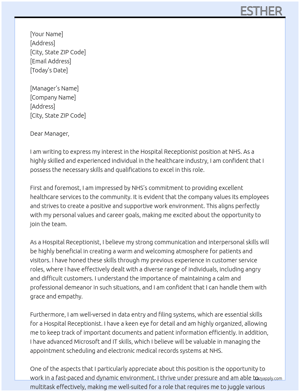 Hospital Receptionist At NHS Cover Letter