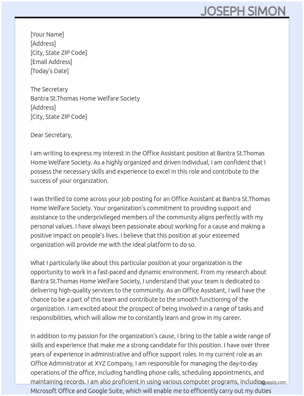 Office Assistant  At Bantra St.Thomas Home Welfare Society  Cover Letter