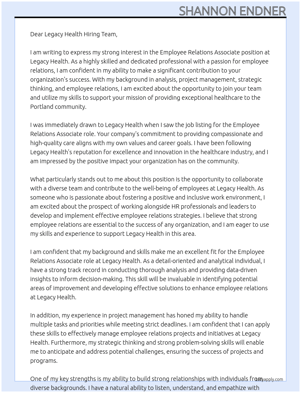 Employee Relations Associate At Legacy Health Cover Letter