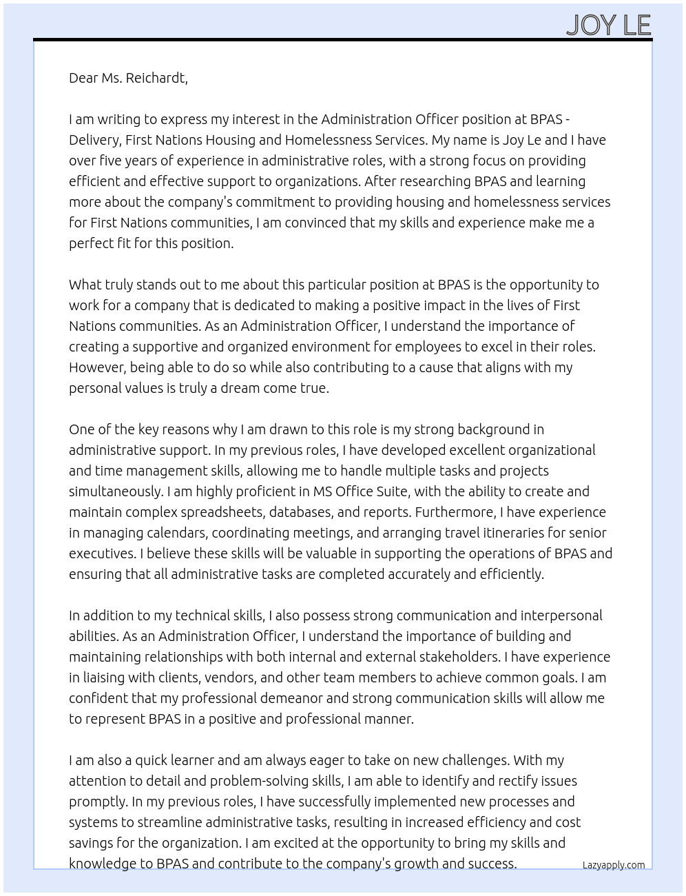 Administration Officer At BPAS - Delivery, First Nations Housing and Homelessness Services Cover Letter