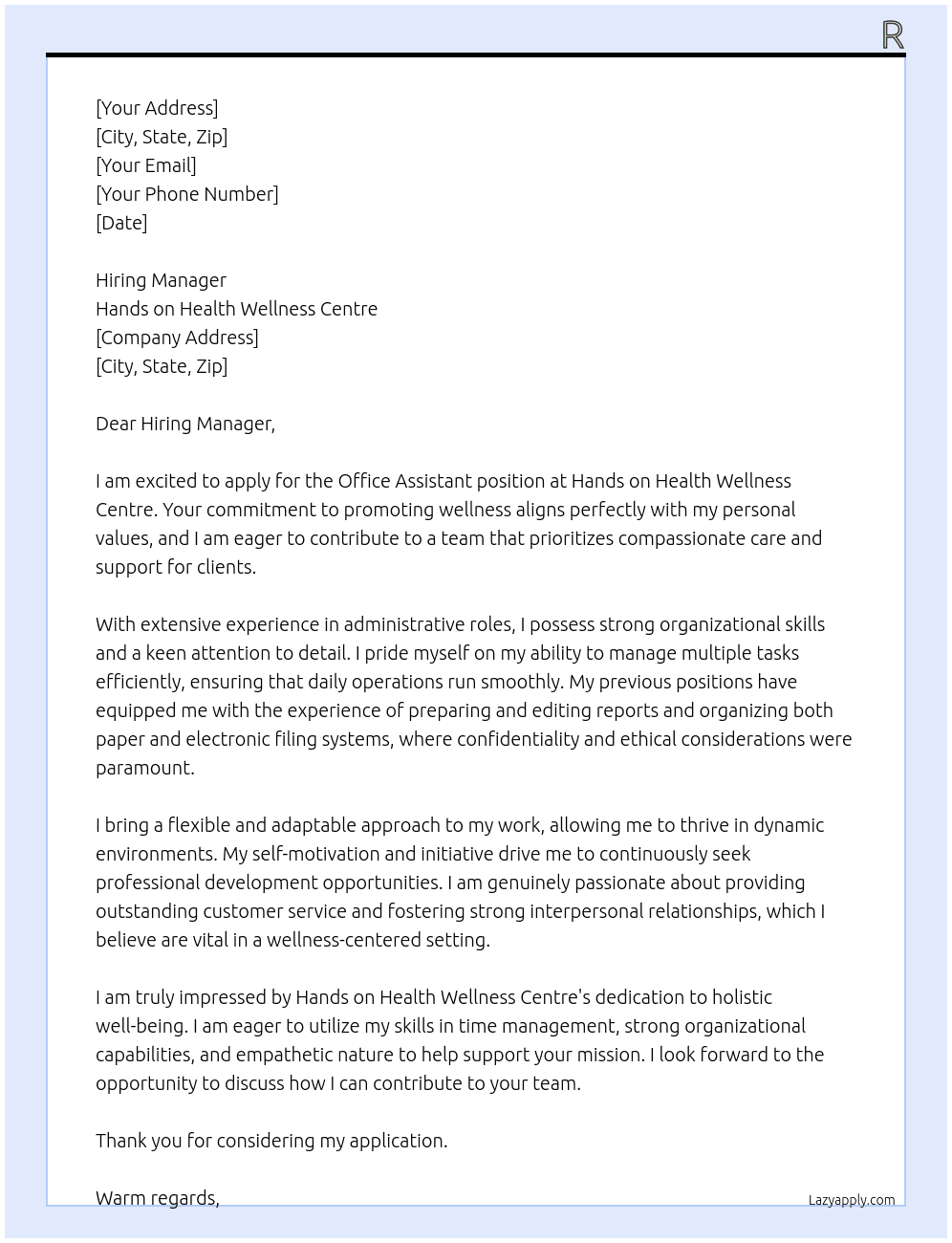 Office Assistant At Hands on Health Wellness Centre Cover Letter