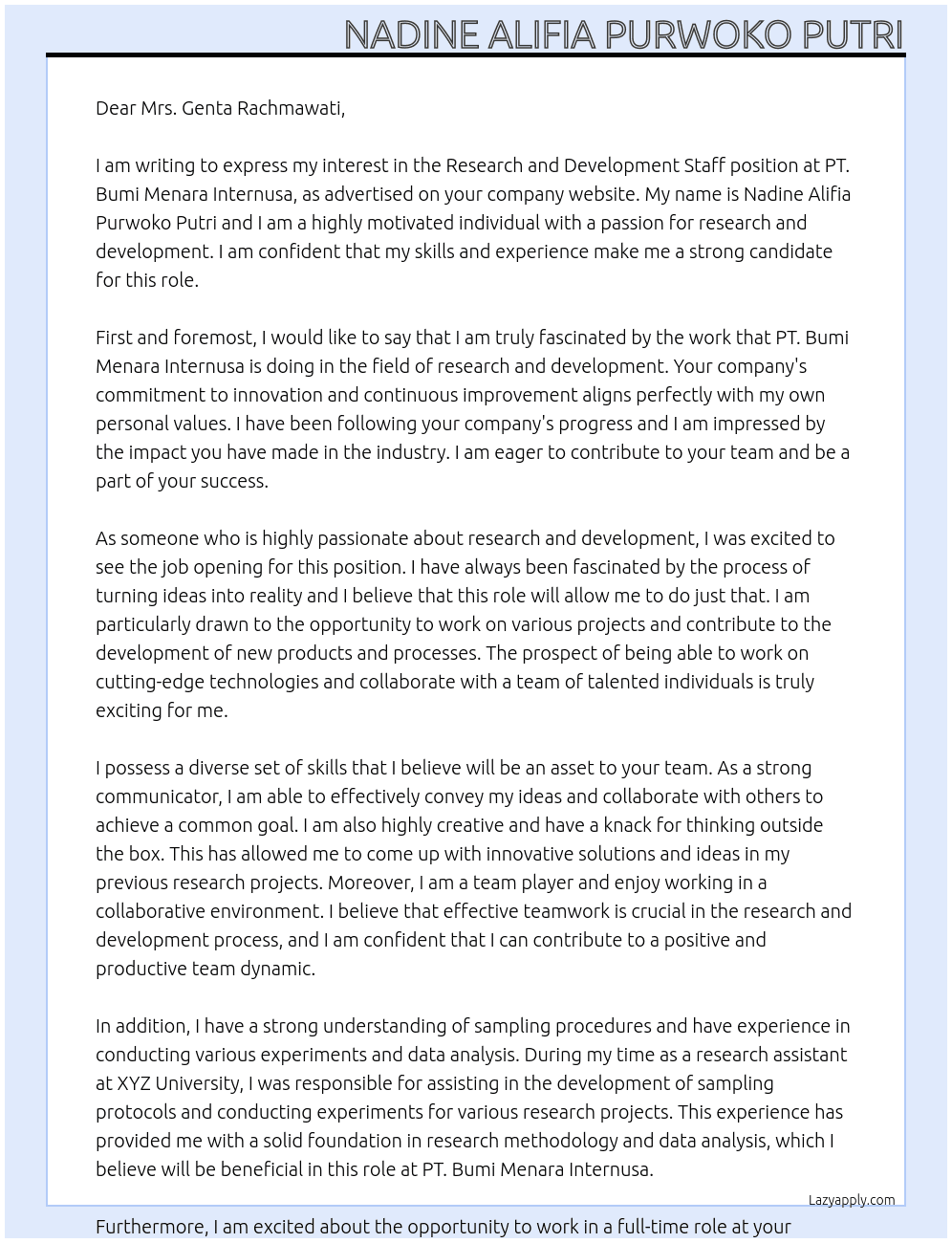 Research and Development Staff At PT. Bumi Menara Internusa Cover Letter