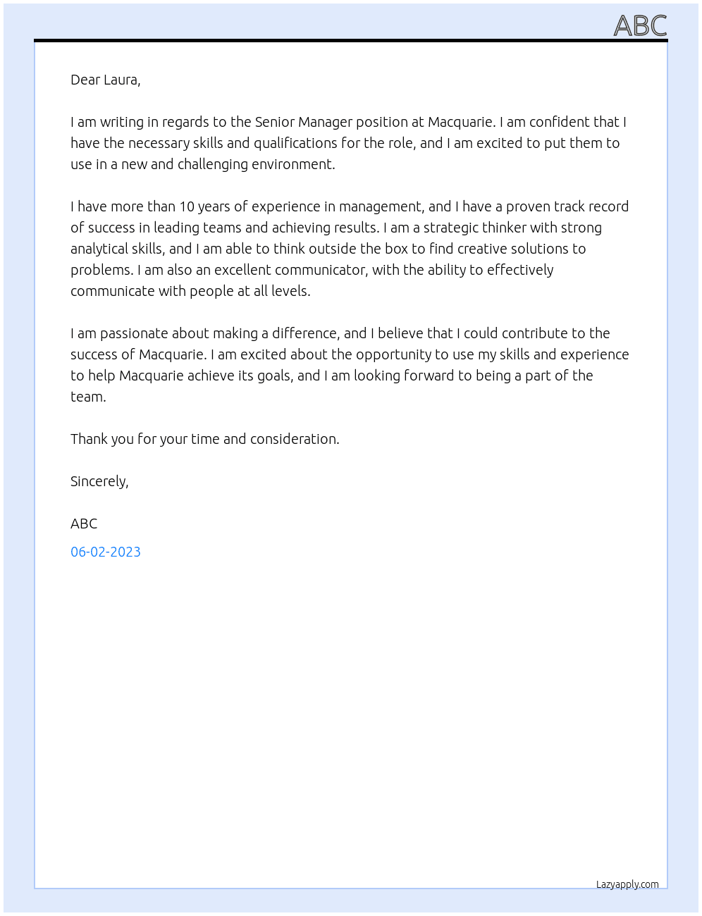 Senior Manager At Macquarie Cover Letter