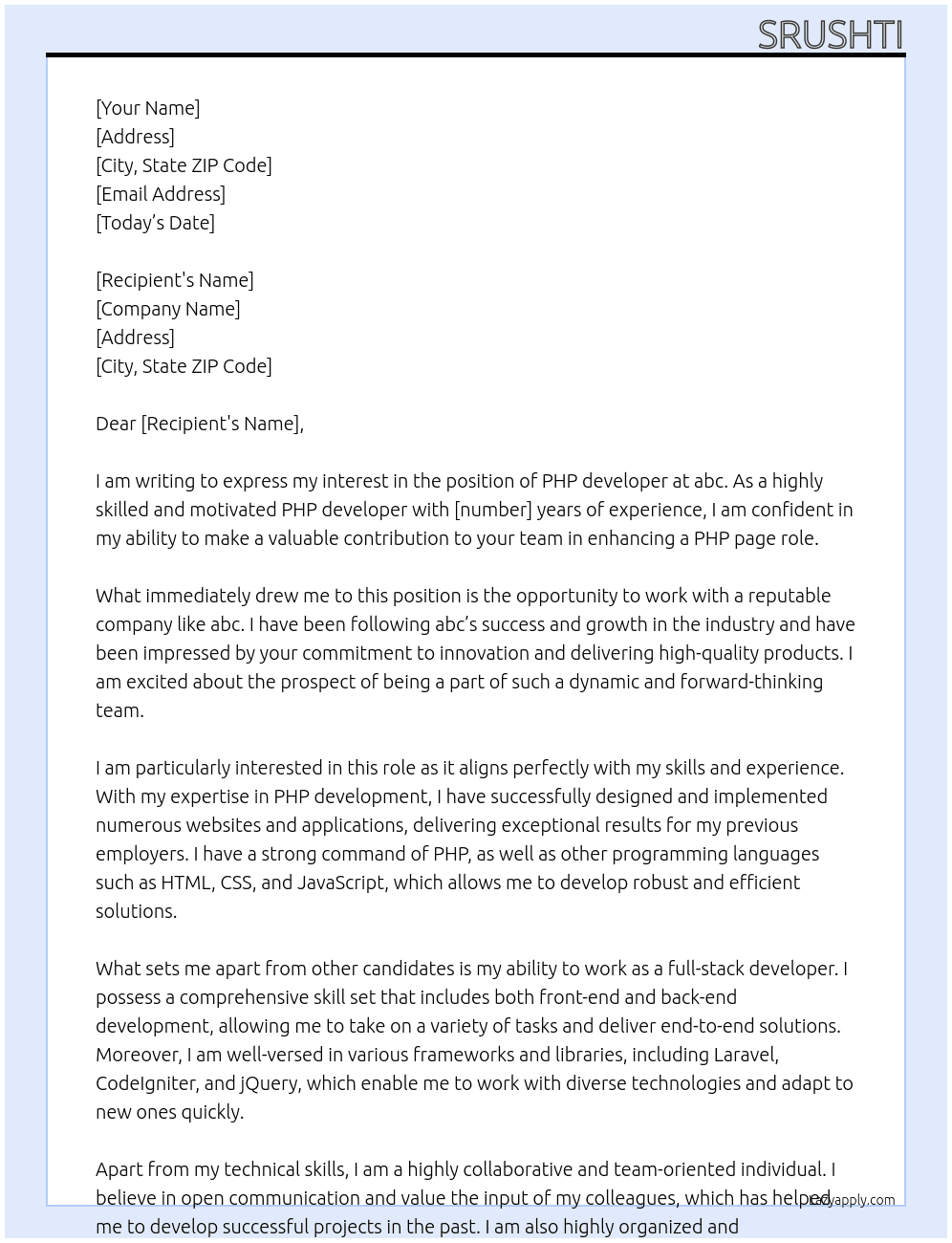 PHP developer At abc Cover Letter
