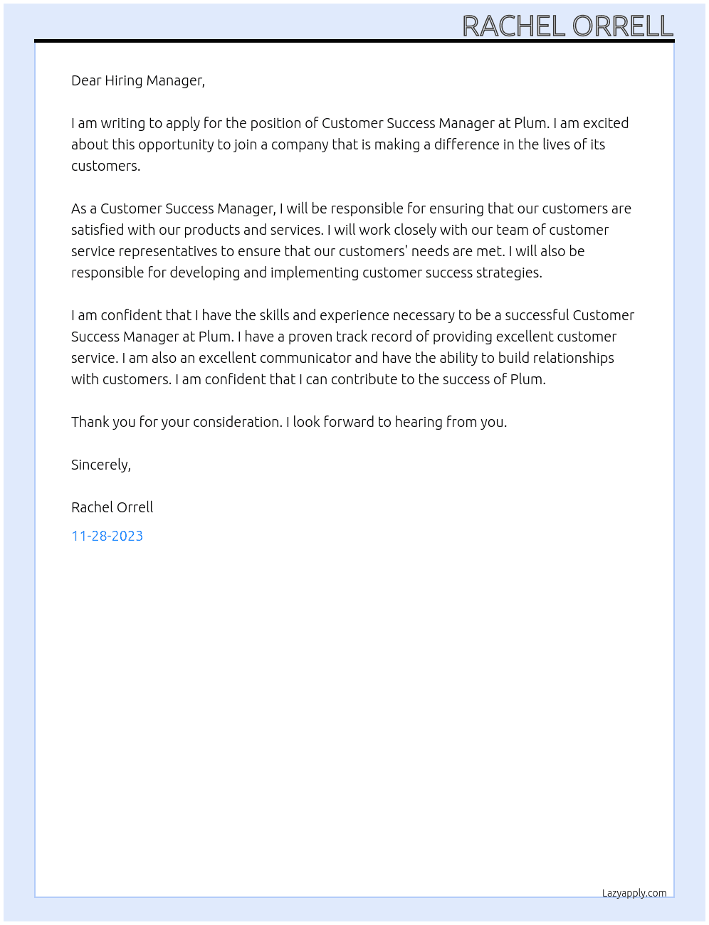 Customer Success Manager At Plum Cover Letter