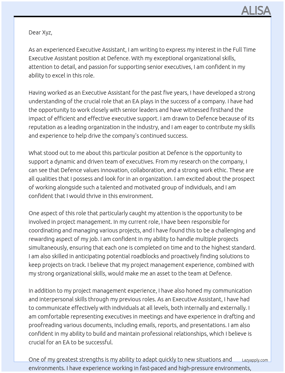 Executive Assistant At Defence Cover Letter