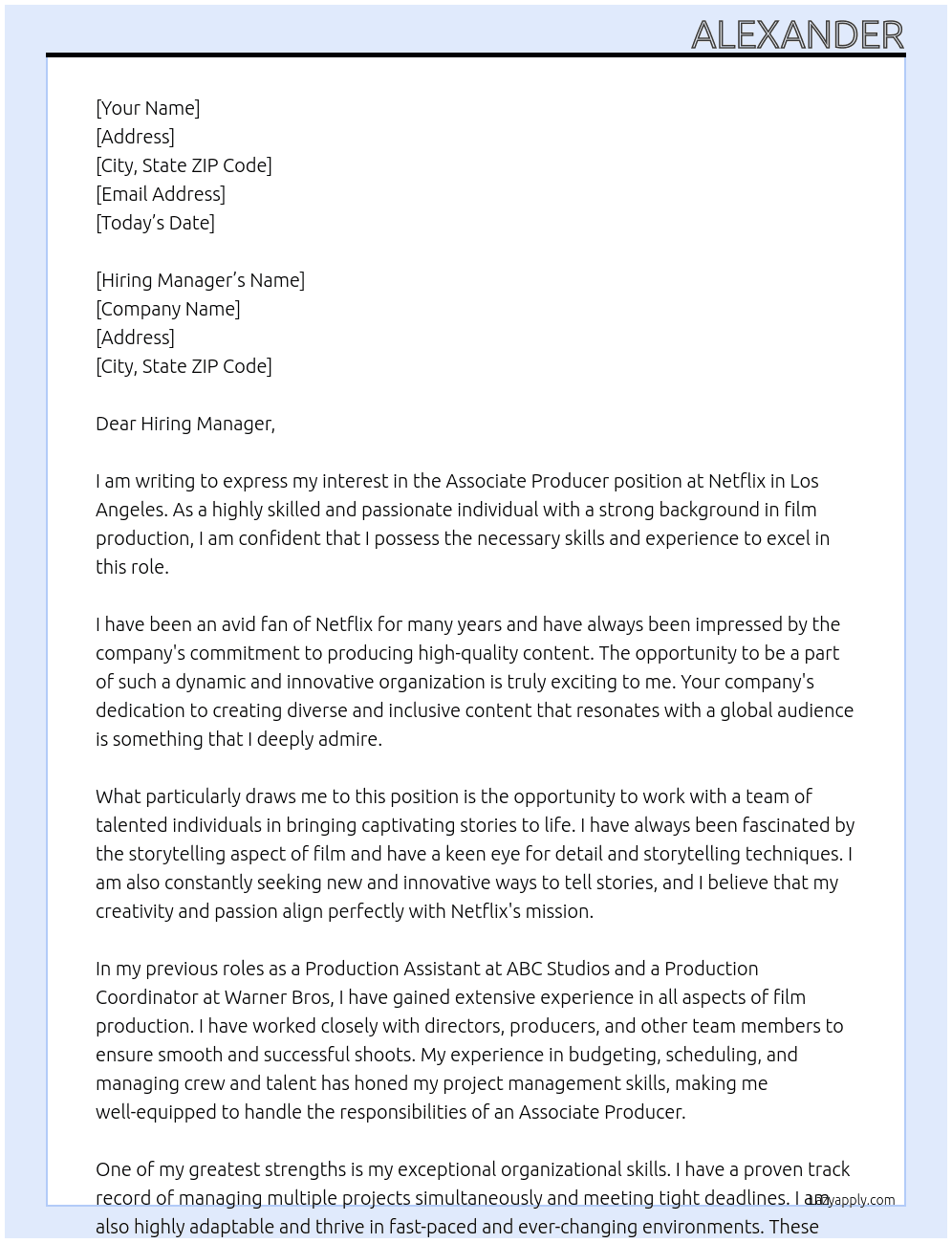 Cover letter for associate producer - LazyApply