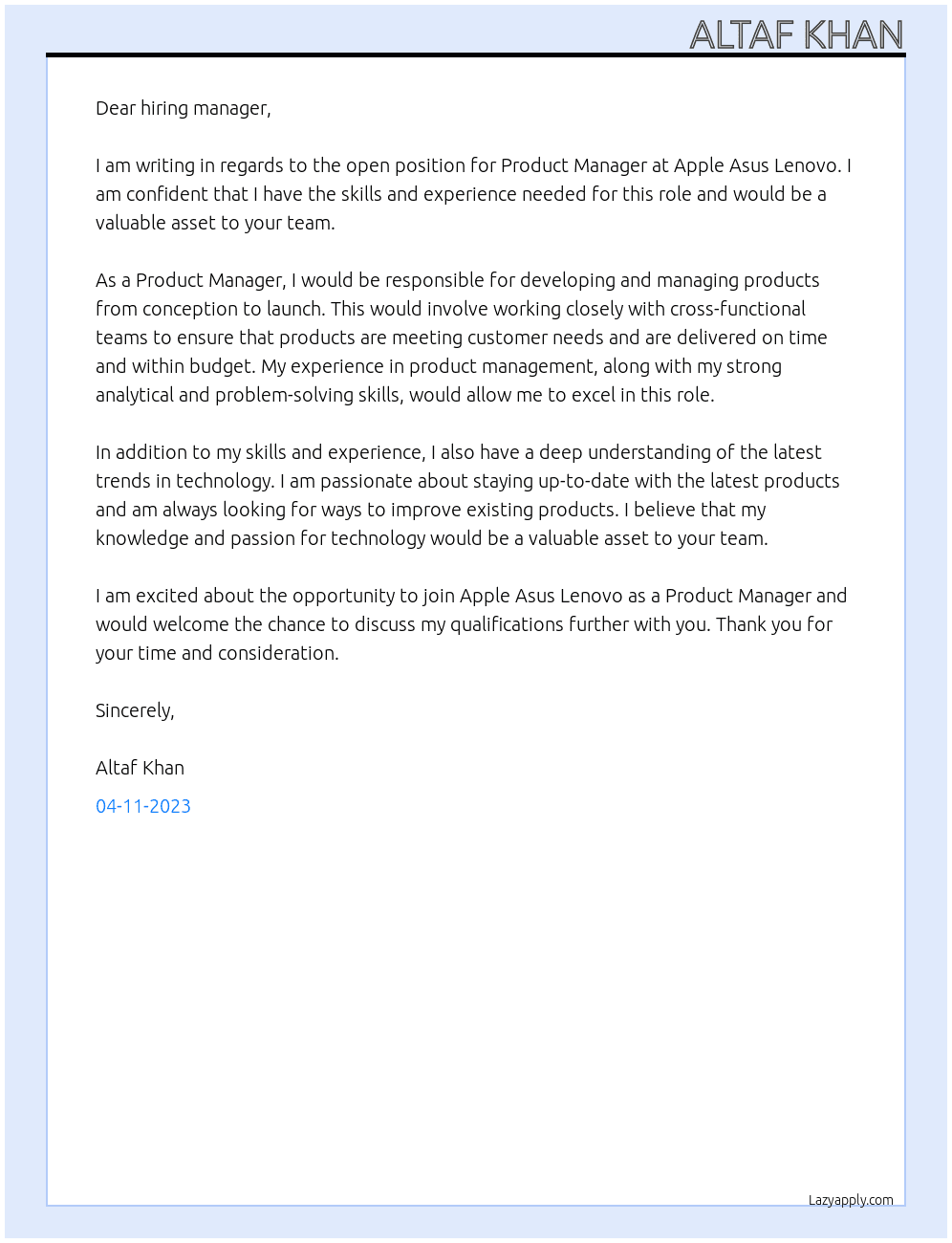 PRODUCT MANAGER  At APPLE ASUS LENOVO Cover Letter