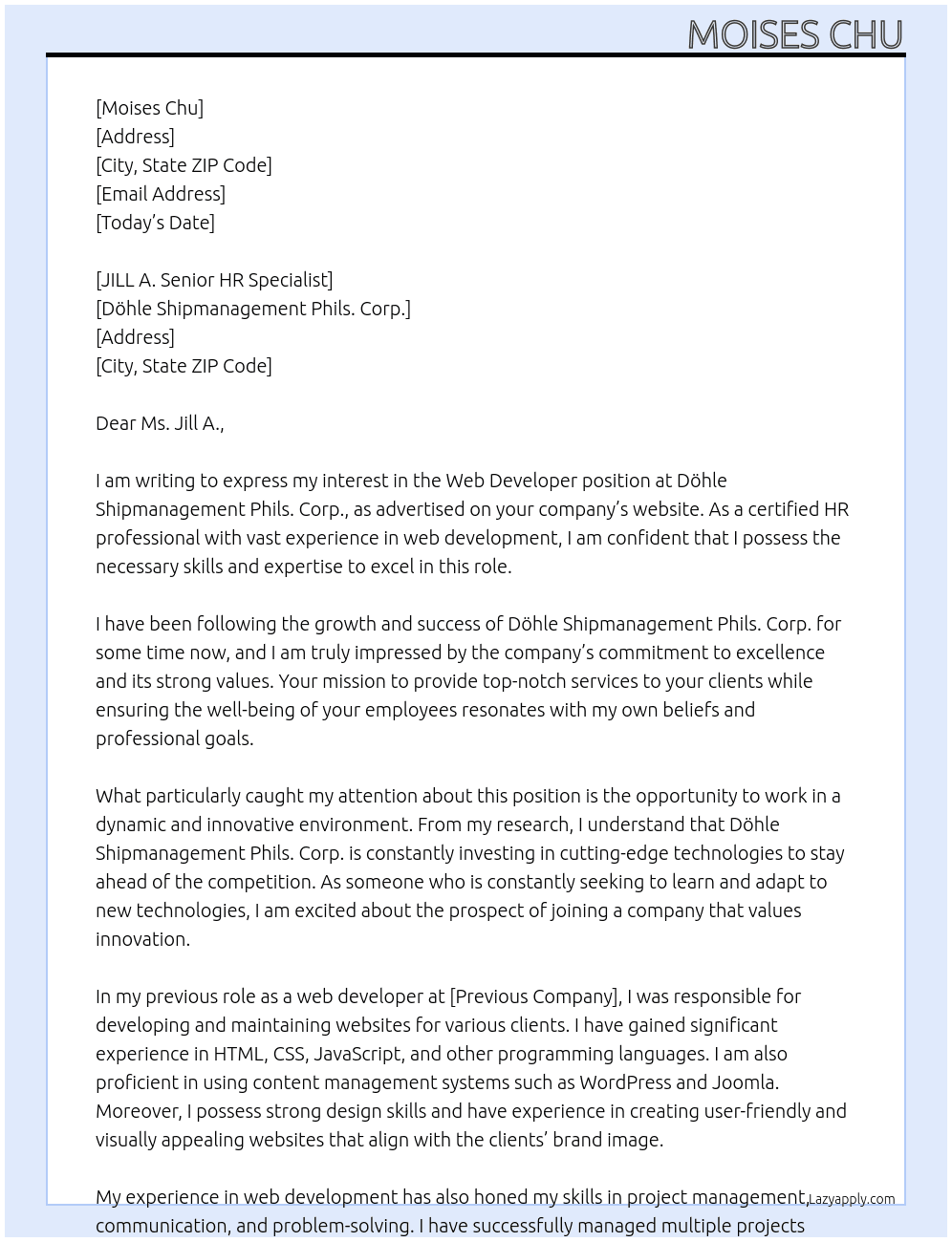 Web developer At Döhle shipmanagement phils. Corp. Cover Letter