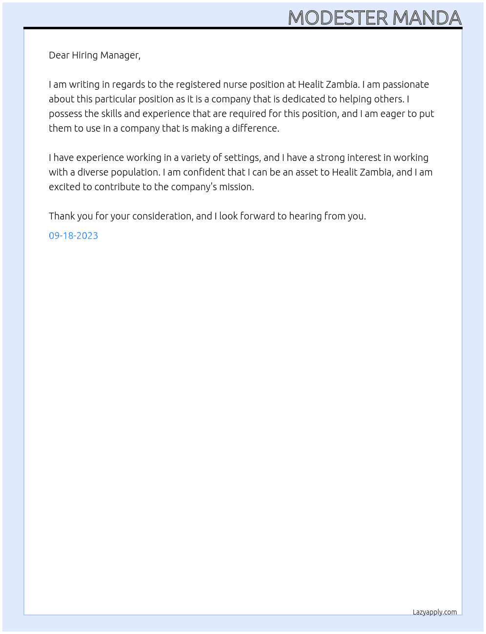 Registered Nurse At Healit Zambia Cover Letter