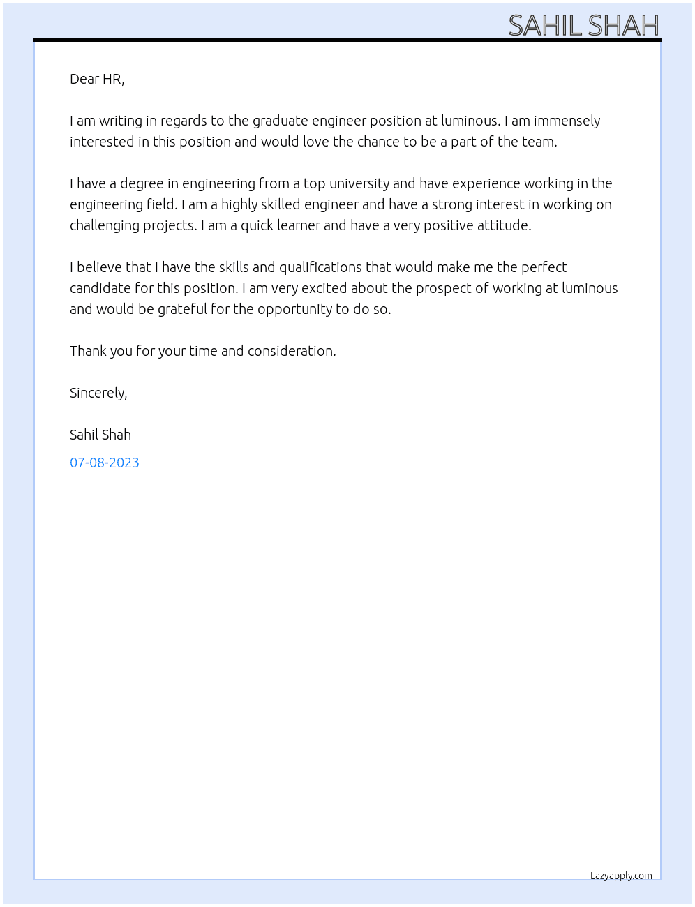 graduate engineer At luminous Cover Letter