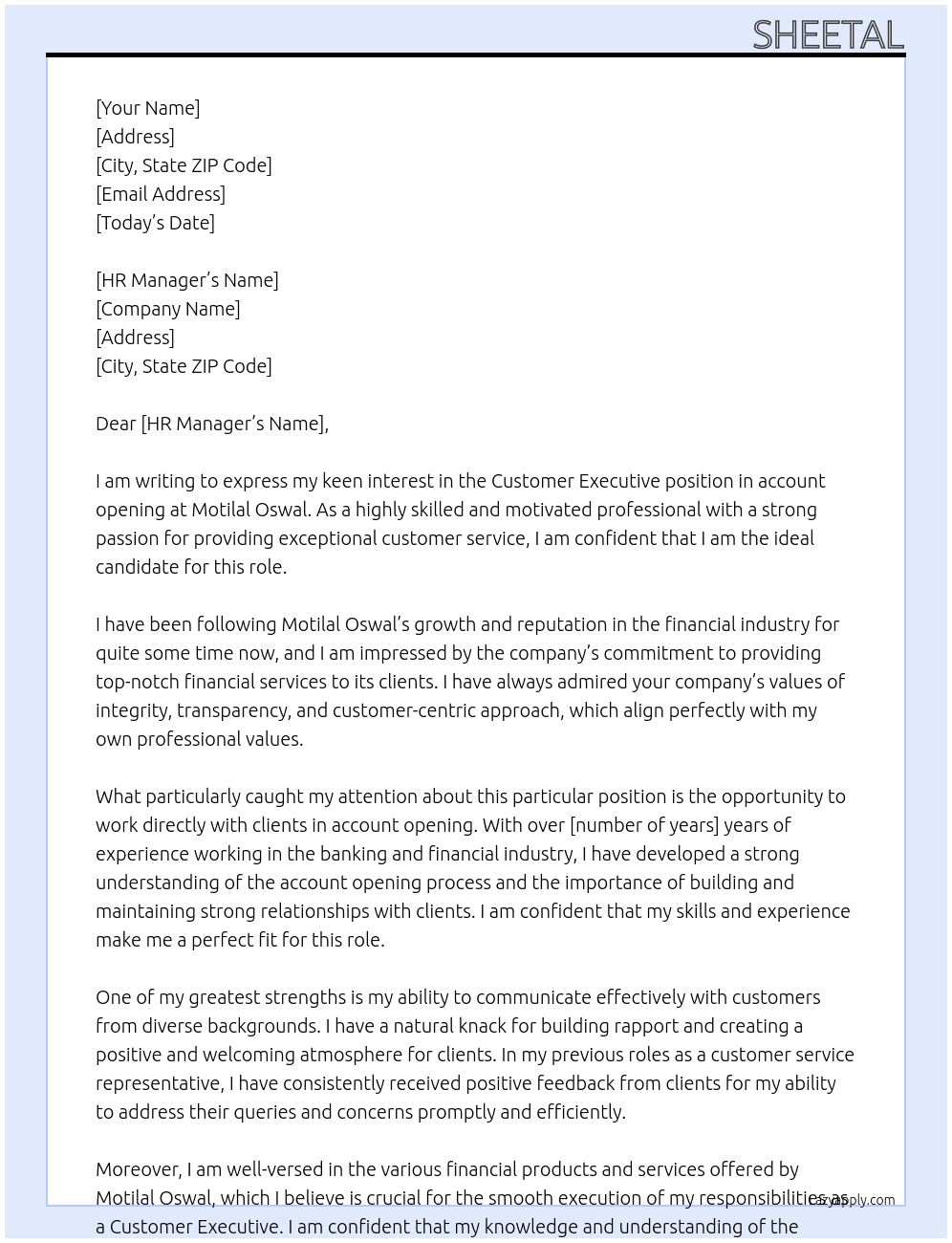 Customer Executive in account opening At Motilal Oswal Cover Letter