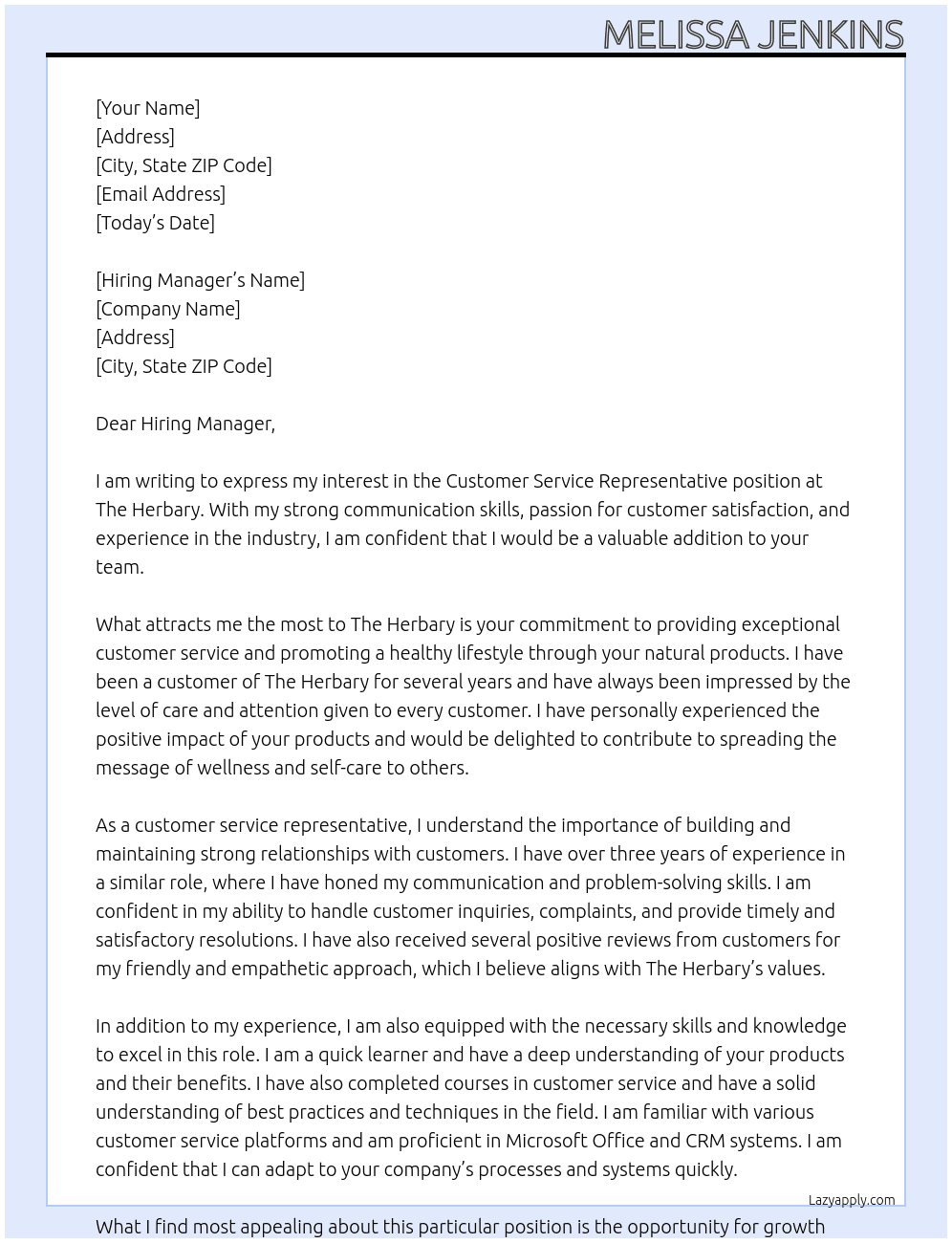Customer service representative  At The Herbary  Cover Letter