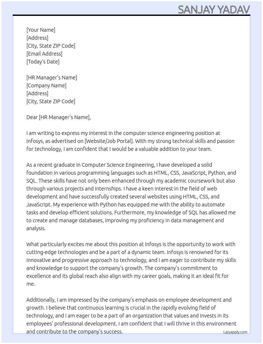 computer science engineering At infosys Cover Letter