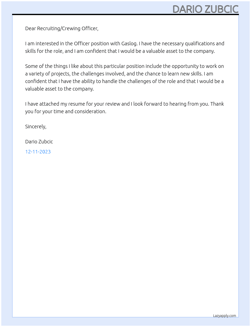 Officer At Gaslog Cover Letter