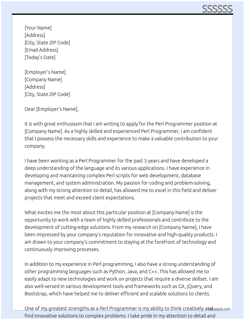 Perl Programmer At SSSSSS Cover Letter