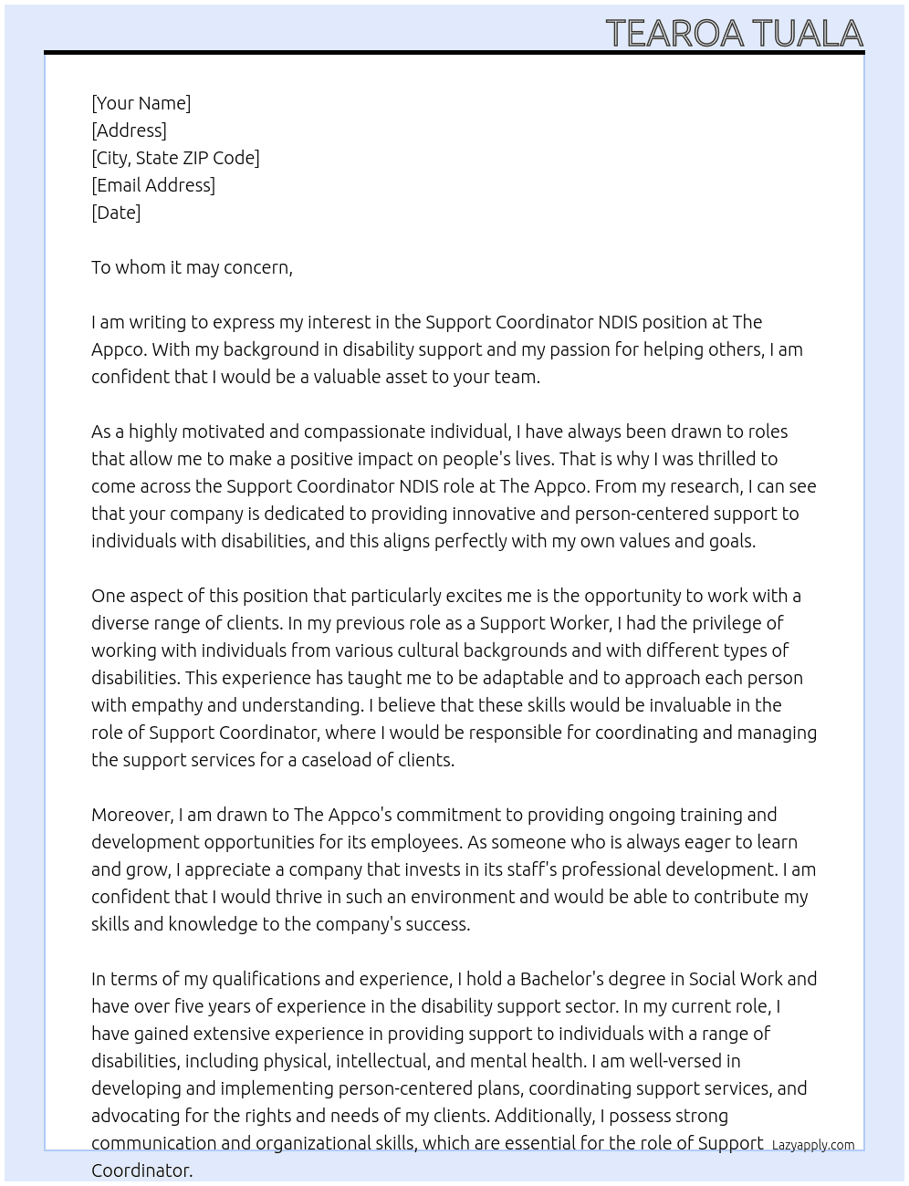 Support Coordinator NDIS At The Appco Cover Letter