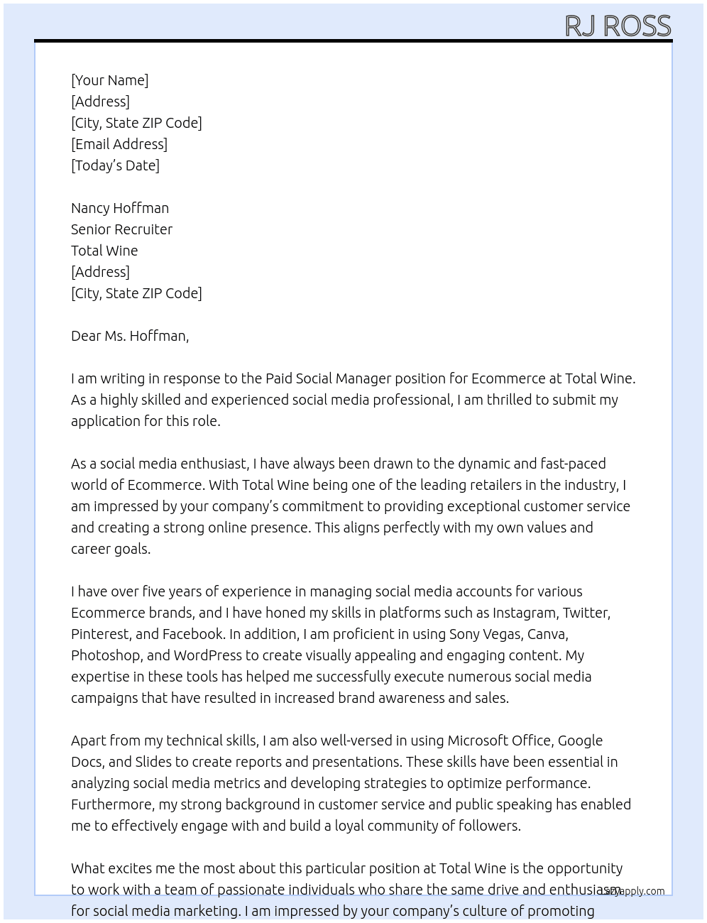 Paid Social Manager - Ecommerce At Total Wine Cover Letter