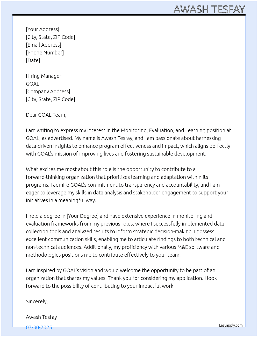 Monitoring evaluation and learning At GOAL Cover Letter