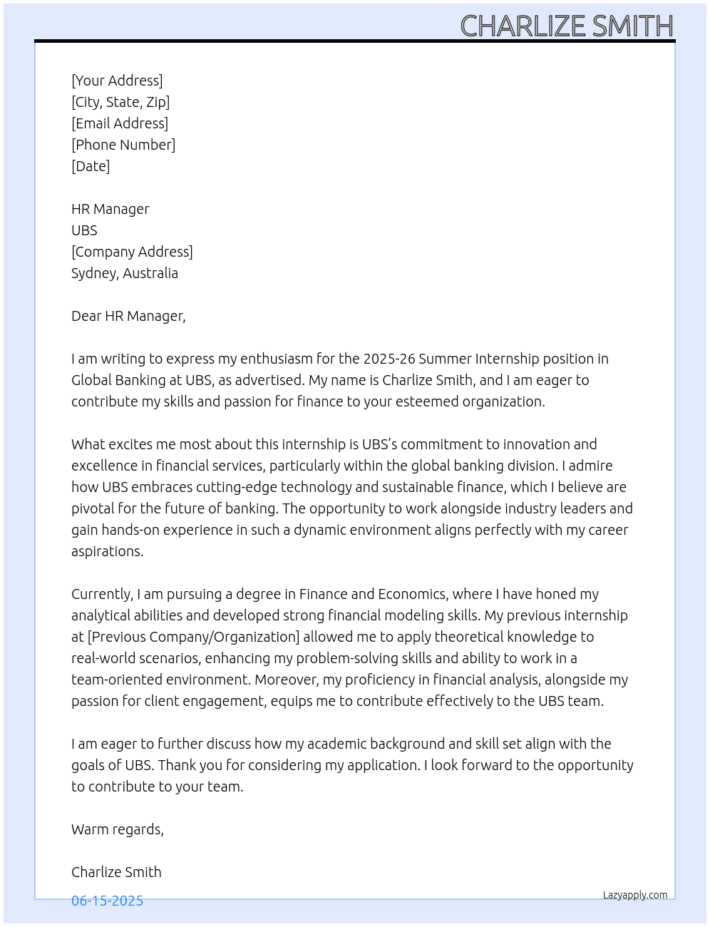 2025-26 Summer Internship - Global Banking - Sydney At UBS Cover Letter
