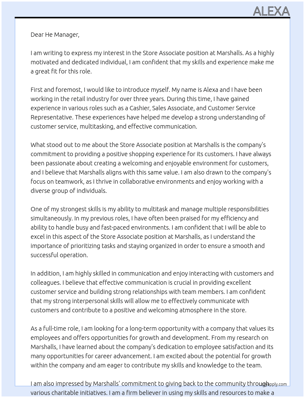 Store associate  At Marshalls Cover Letter