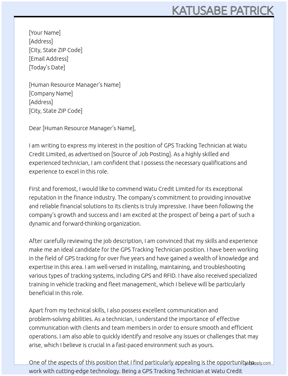 GPS TRACKING TECHANIAN At WATU CREDIT LIMITED Cover Letter