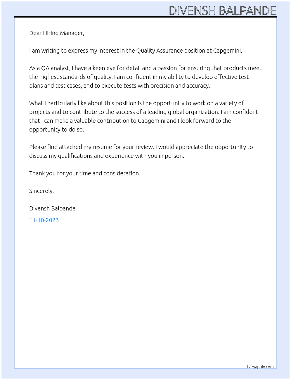 QA At Capgemini Cover Letter