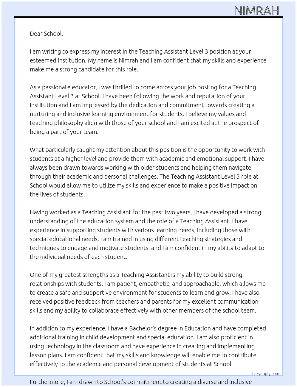 Cover letter for teaching assists level 3 - LazyApply