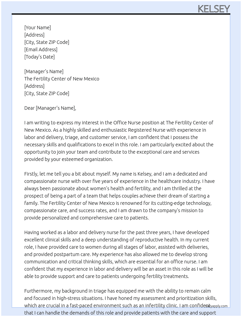 Office Nurse  At The fertility center of New Mexico  Cover Letter