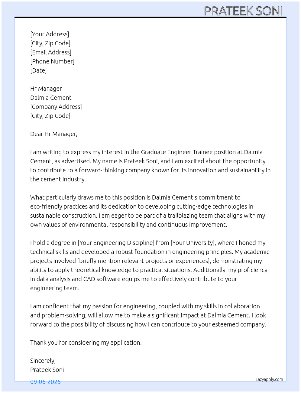 Graduate engineer trainee  At Dalmia cement  Cover Letter