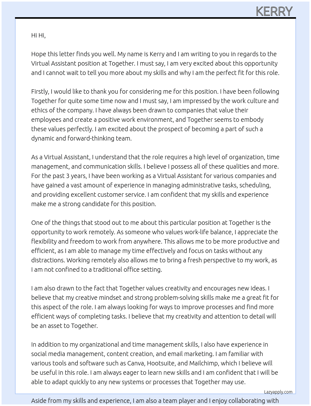 Virtual Assistant At together Cover Letter