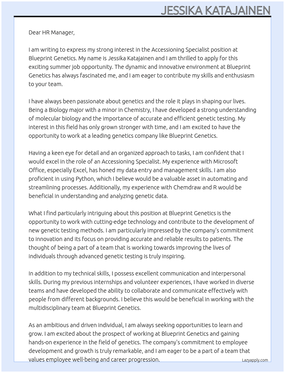 Accessioning Specialist At Blueprint Genetics Cover Letter