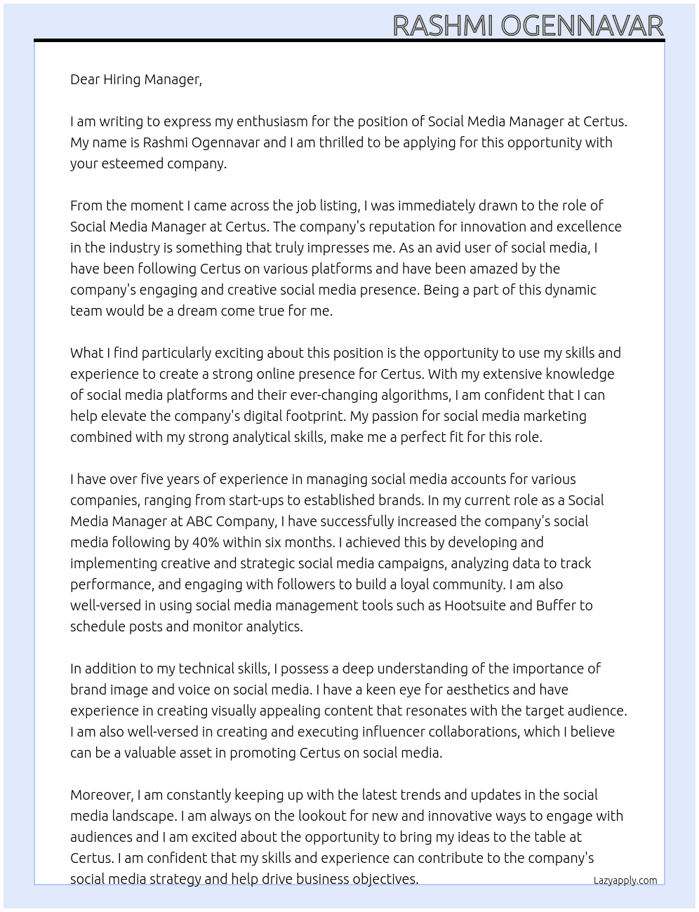Social Media Manager At Certus Cover Letter