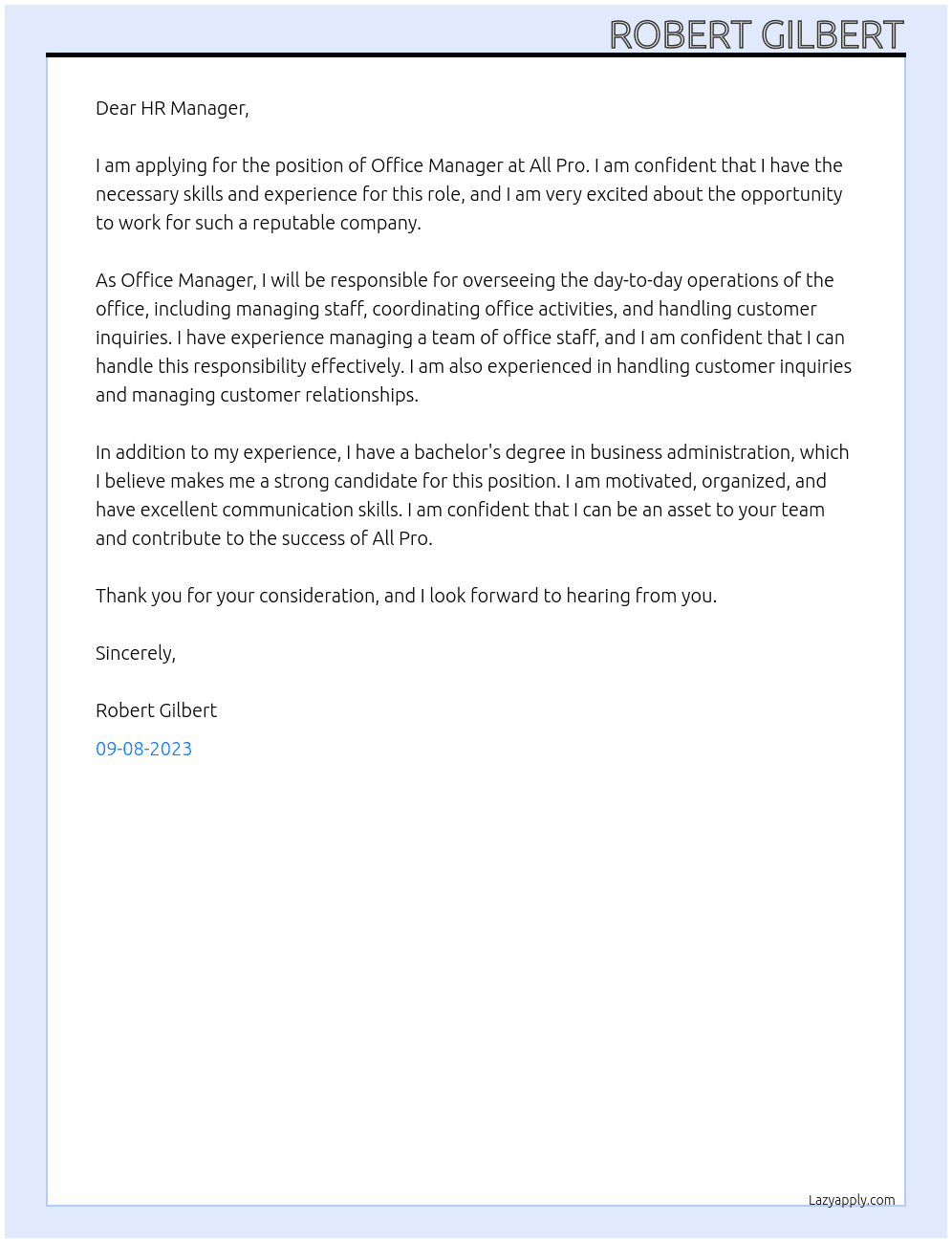 Office Manager At All Pro Cover Letter